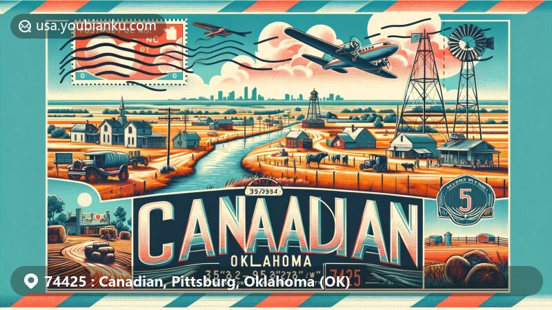 Modern illustration of Canadian, Oklahoma in ZIP code 74425, featuring small-town charm near Gaines Creek, with iconic outline of Oklahoma state in background, highlighting its location within Pittsburg County.