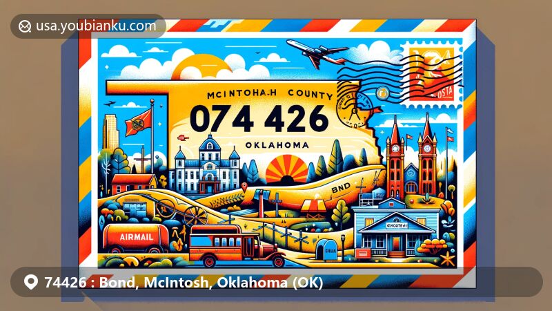 Modern illustration of Checotah, McIntosh County, Oklahoma, showcasing postal theme with ZIP code 74426, featuring the Oklahoma state flag, McIntosh County silhouette, and iconic landmarks. Framed within an airmail envelope with postmark and decorative elements.