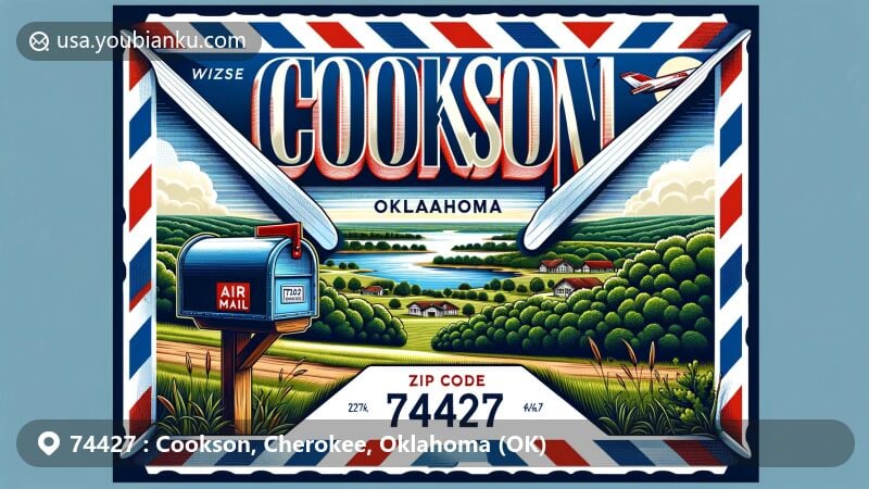Modern illustration of Cookson, Oklahoma, featuring Cookson Hills, Lake Tenkiller, and local flora, enclosed in air mail envelope with raised flag and '74427' ZIP code label.