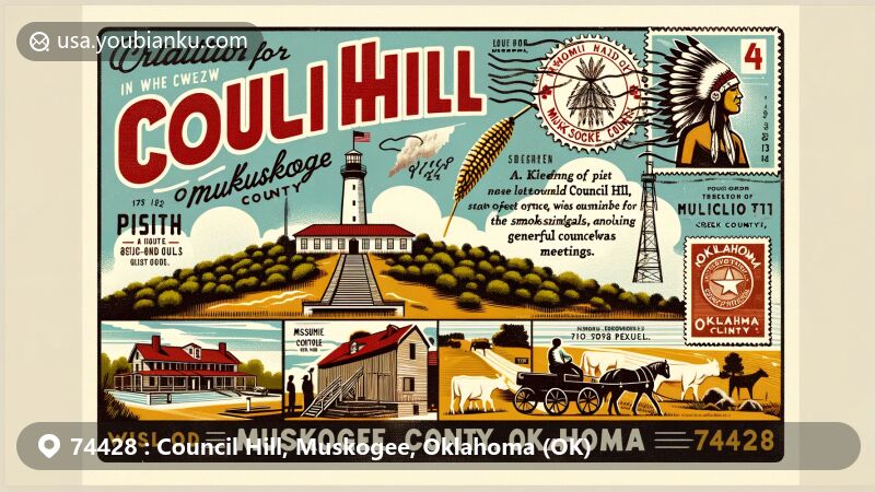 Modern illustration of Council Hill, Muskogee County, Oklahoma, showcasing postal theme with ZIP code 74428, featuring the Muscogee (Creek) Nation history and Council Hill landmark.