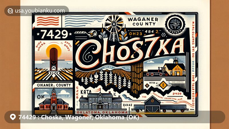 Modern illustration of Choska, Wagoner County, Oklahoma, showcasing postal theme with ZIP code 74429, featuring symbolic agriculture, Wagoner County Courthouse, Katy Depot, and historic downtown buildings.
