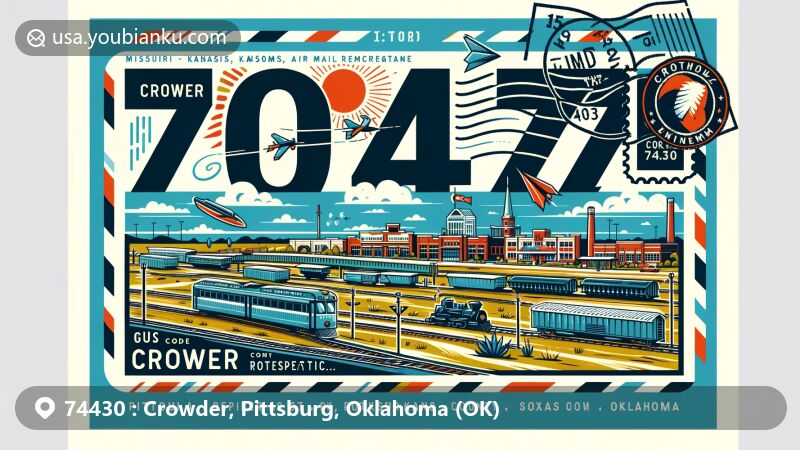 Modern illustration of Crowder, Pittsburg County, Oklahoma, featuring postal theme with ZIP code 74430, showcasing Crowder Point East Recreation Area and railroad symbols connecting Missouri, Kansas, Texas, and Choctaw Nation.