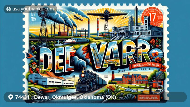 Modern illustration of Dewar, Oklahoma, Okmulgee County, featuring historical railroad and coal mining ties, Henryetta Coal Formation, Okmulgee Northern Railway, education, and social services, set in Dewar's landscape, with ZIP code 74431 and postal elements.