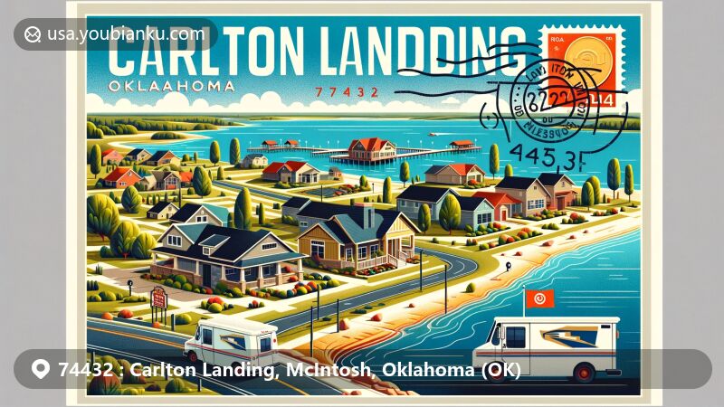 Postcard-style illustration of Carlton Landing, McIntosh County, Oklahoma, showcasing scenic beauty along Lake Eufaula with a postal van on a lakeside path and symbols of Oklahoma, featuring ZIP Code 74432.