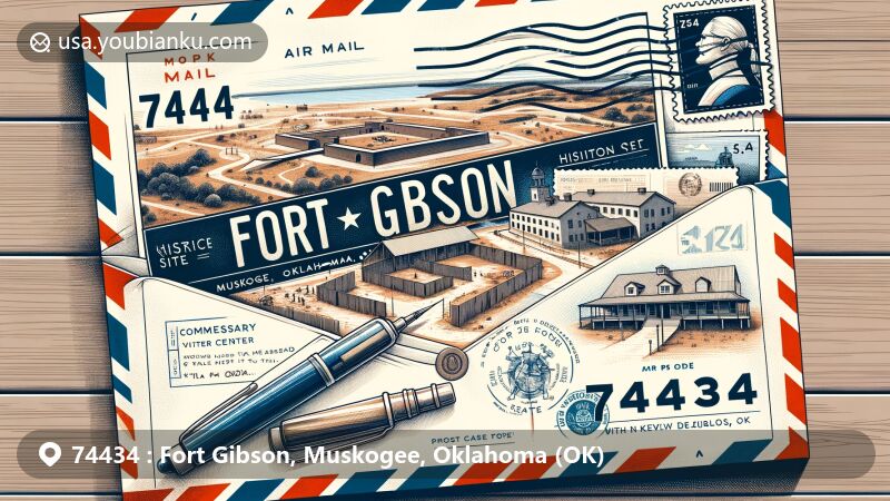Modern illustration of Fort Gibson, Muskogee, Oklahoma, featuring ZIP code 74434, showcasing the historic significance of Fort Gibson Historic Site with Commissary Visitor Center and museum exhibits, highlighting westward expansion and military heritage.