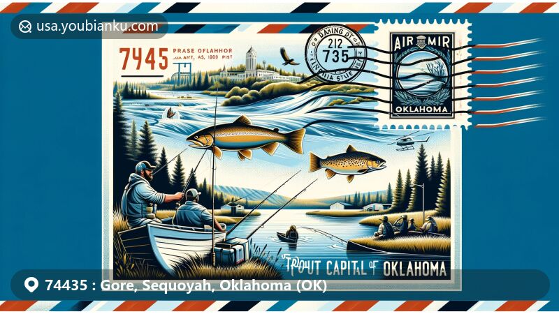 Modern illustration of Gore, Oklahoma, featuring airmail envelope design with ZIP code 74435, showcasing fishing scenes at Lake Tenkiller, Illinois River, and Arkansas River, emphasizing as the 'trout capital of Oklahoma.' Symbols of Oklahoma, such as state flag, subtly integrated in the background.