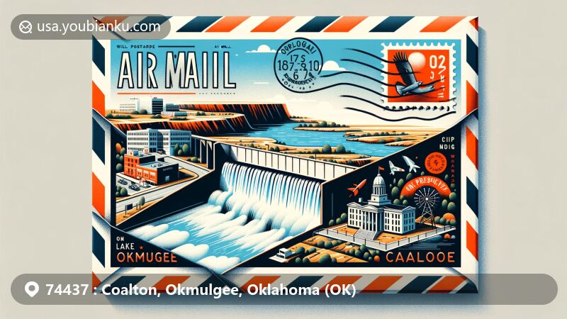 Modern illustration of Coalton, Okmulgee County, Oklahoma, showcasing postal theme with ZIP code 74437, featuring Lake Okmulgee Dam Spillway Cascade and Okmulgee Downtown Historic District.