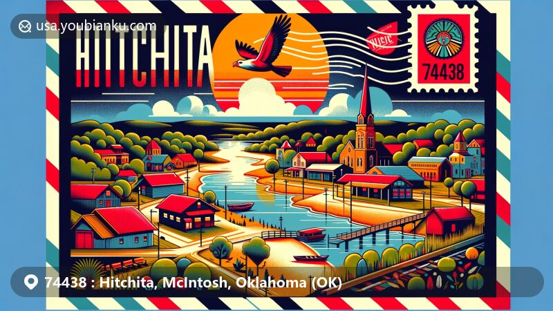 Modern illustration of Hitchita, Oklahoma, showcasing postal theme with ZIP code 74438, nestled in High Spring Mountains, celebrating Creek tribe heritage and Lake Eufaula's beauty.