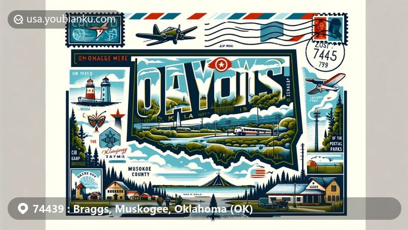 Modern illustration of Braggs, Oklahoma, featuring postal theme with ZIP code 74439, showcasing Camp Gruber and Greenleaf State Park.