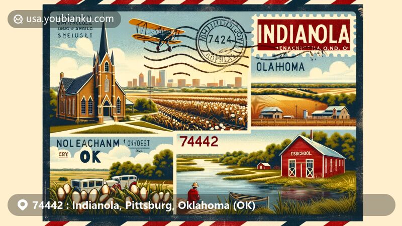 Vintage illustration of Indianola, Oklahoma, with ZIP code 74442, featuring South Canadian River and Lake Eufaula, showcasing agriculture with cotton, corn, soybeans, peanuts, and onions, highlighting Methodist Episcopal Church, red school building, and rural landscape.