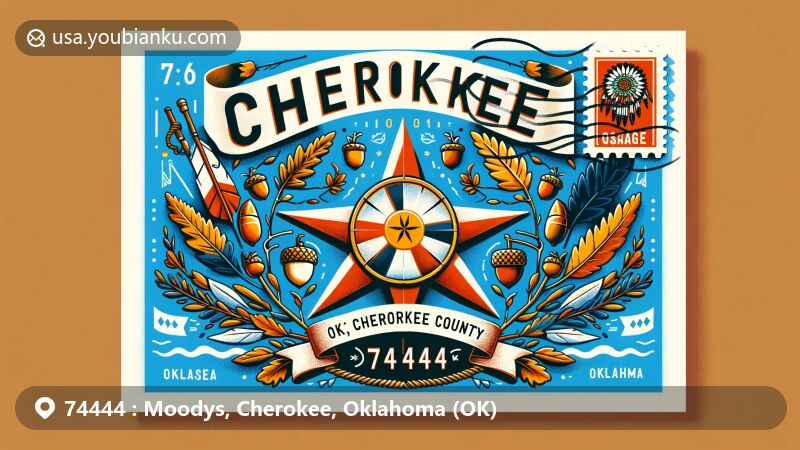 Modern illustration of Moodys, Cherokee, Oklahoma, highlighting Cherokee Nation and Oklahoma state flags, with postal elements like stamp and postmark.