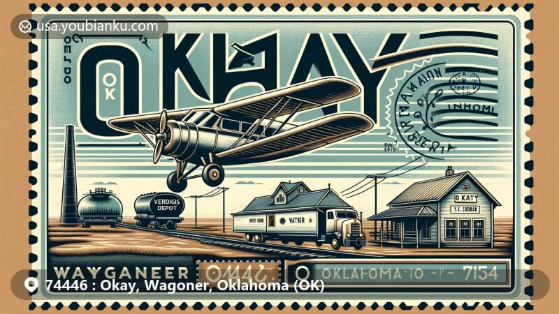 Creative depiction of Okay, Wagoner, Oklahoma (OK) 74446, featuring aviation-themed envelope, vintage air mail look, Verdigris River, Katy Depot, S.S. Cobb Building, postal motifs, local culture nod with 'O.K. Trucks' silhouette, and Oklahoma state flag.
