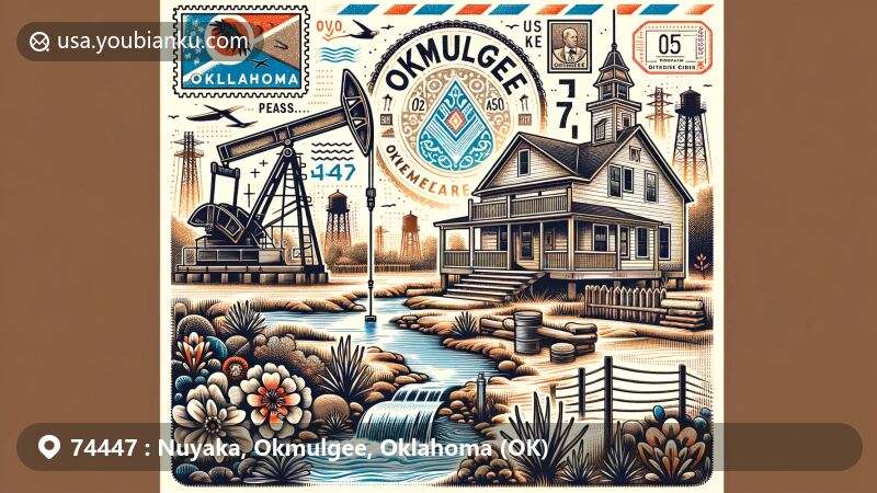 Illustration of Nuyaka and Okmulgee showcasing Creek Council House, oil derricks, and bubbling water symbol, with vintage airmail envelope, Oklahoma state flag stamp, ZIP code 74447 postmark, and mailbox.