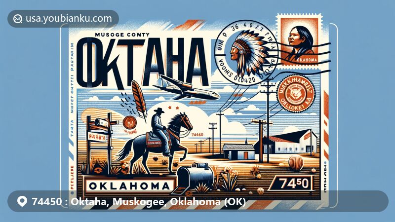 Modern illustration of Oktaha, Muskogee County, Oklahoma, featuring postal theme with ZIP code 74450, highlighting the Muscogee chief Oktarharsars Harjo, known as Sands.