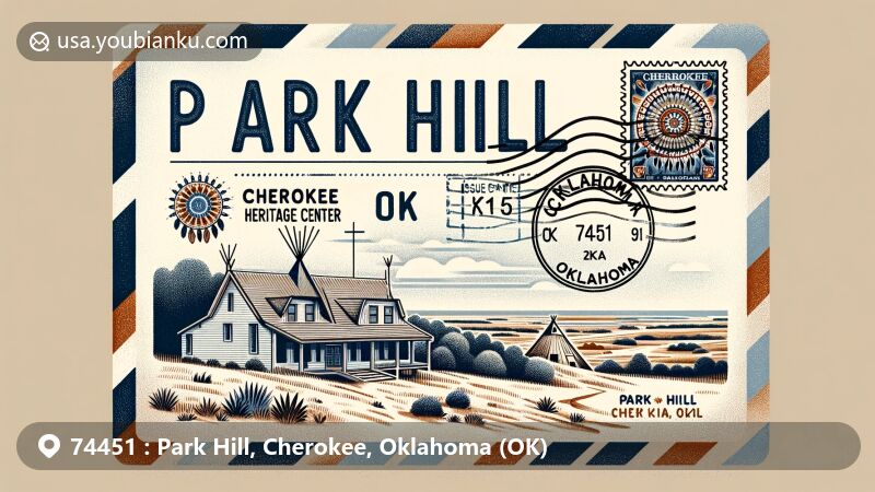Modern illustration of Park Hill, Cherokee, Oklahoma, showcasing Cherokee Heritage Center and Hunter's Home, against backdrop of Oklahoma plains, featuring ZIP code 74451 and Cherokee cultural symbols.