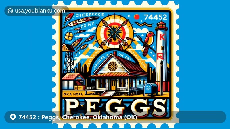 Modern illustration of Peggs, Oklahoma, with ZIP code 74452, showcasing Cherokee County location and Oklahoma state symbols, styled as a vibrant postage stamp or postcard.