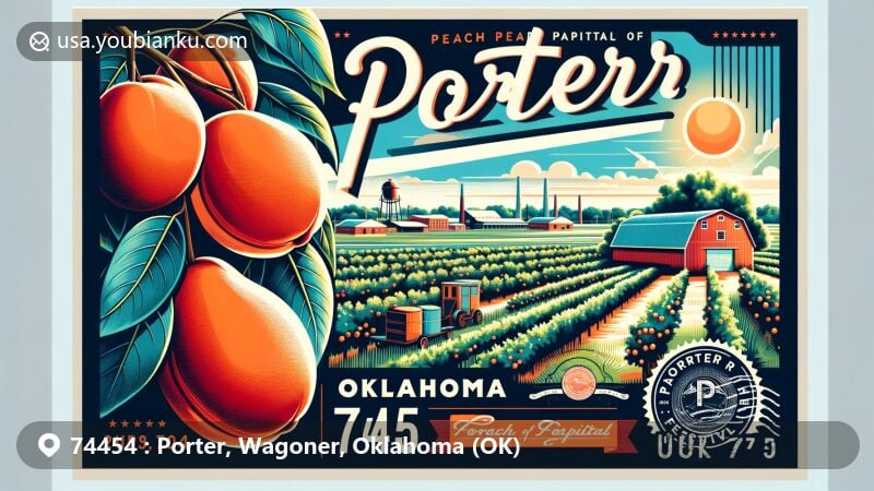 Modern illustration of Porter, Oklahoma, known as 'The Peach Capital of Oklahoma,' featuring peach trees with ripe peaches and farmlands under a sunny sky. Includes vintage-style stamp with a peach and postal mark 'Porter Peach Festival.'