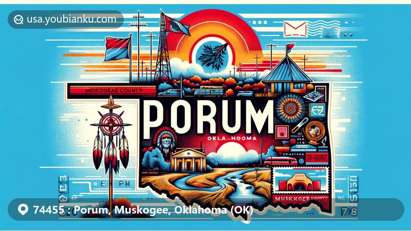 Vibrant illustration of Porum, Oklahoma, depicting connection to Cherokee Nation and postal identity with postal symbols, Oklahoma state flag, and ZIP code 74455.