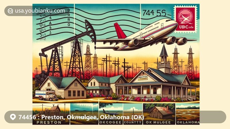 Modern illustration of Preston, Okmulgee County, Oklahoma, capturing ZIP code 74456 area essence with Creek Council House, oil derricks, and creative postcard design.