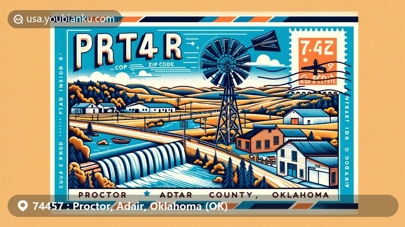 Modern illustration of Proctor, Adair County, Oklahoma, featuring ZIP code 74457 and postcard theme with air mail envelope and stamps, highlighting geographical location in Baron Fork valley and U.S. Route 62, depicting Golda's Mill and Ozark Plateau foothills, with a nod to Native American history.