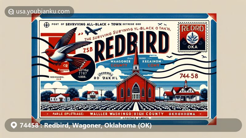 Modern illustration of Redbird, Wagoner County, Oklahoma, displaying a vintage airmail envelope design with ZIP code 74458, showcasing all-black town history and cultural landmarks like the First Baptist Church and Miller Washington High School.