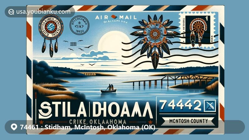 Modern illustration of Stidham, Oklahoma, featuring air mail envelope with ZIP code 74461, Lake Eufaula scenery, Creek tribe cultural symbols, Oklahoma state flag, and McIntosh County elements.