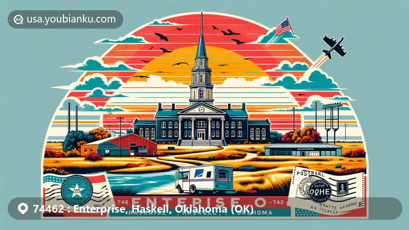 Modern illustration of Enterprise, Haskell, Oklahoma, featuring postal theme with ZIP code 74462, showcasing landmarks like Haskell County Courthouse and Stigler School Gymnasium-Auditorium.
