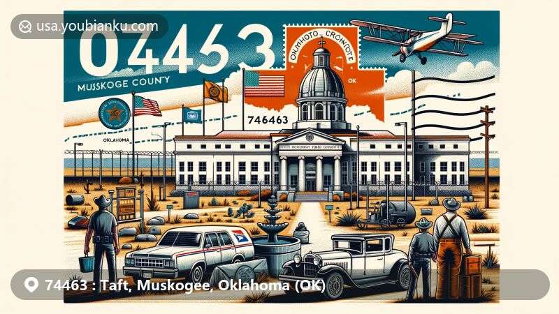 Illustration of Taft, Muskogee County, Oklahoma, representing ZIP code 74463, highlighting town's Black community heritage, educational institutions, landmarks like Taft City Hall and Moton High School.