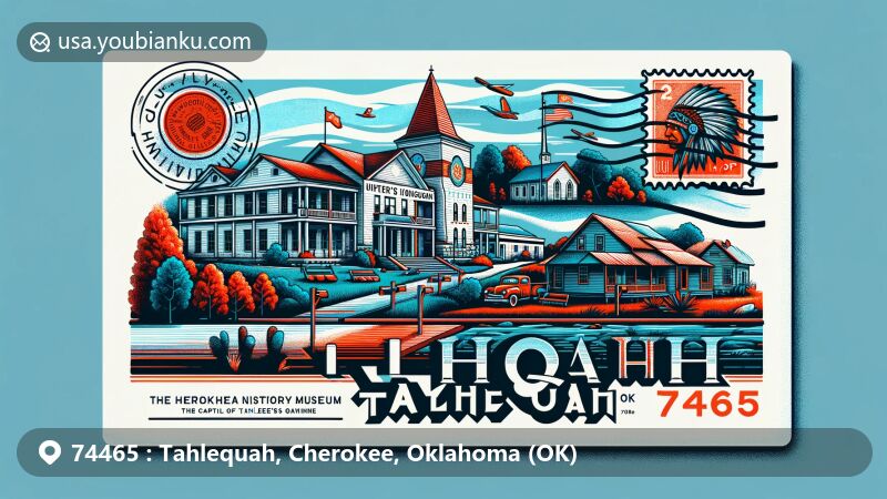 Modern illustration of Tahlequah, Oklahoma, featuring ZIP code 74465 and landmarks like Cherokee National History Museum and Hunter's Home, showcasing the capital of the Cherokee Nation with the Illinois River.
