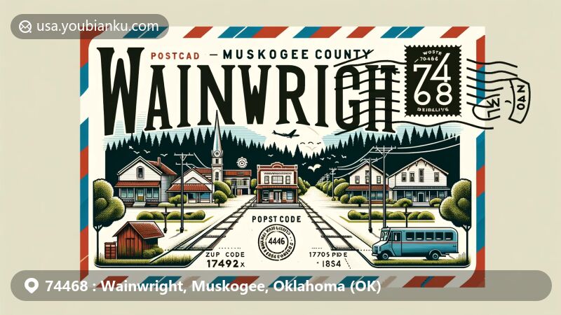 Modern illustration of Wainwright, Muskogee County, Oklahoma, with ZIP code 74468, featuring postcard theme and air mail envelope elements, showcasing tree-lined streets, cowboy culture, and railroad history.