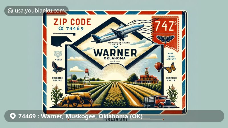 Modern illustration of Warner, Oklahoma, highlighting postal theme with ZIP code 74469, featuring airmail envelope design incorporating key town elements like Oklahoma State outline, Muskogee County, Connors State College, agricultural symbols, and scenic landscape.