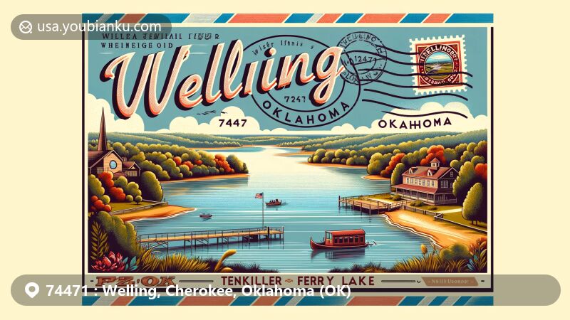 Modern illustration of Welling, Oklahoma, showcasing tranquil Illinois River and scenic Tenkiller Ferry Lake in a postcard format, featuring postal elements like stamp with '74471 Welling, OK' and postmark with 'Welling, Oklahoma', capturing the natural beauty and rural charm of the area.