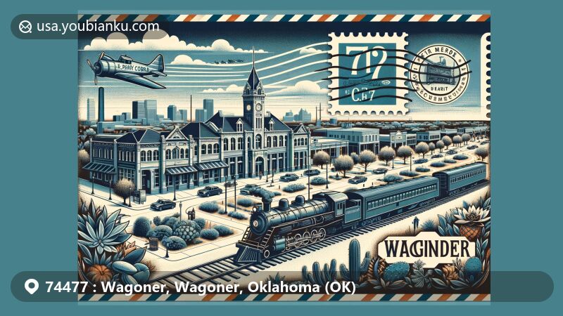 Modern illustration of Wagoner, Oklahoma, featuring iconic Katy Depot, S.S. Cobb Building, and Carnegie Library, showcasing rich railroad heritage and community spirit, with subtle nods to natural beauty and city's status as sports and retirement center.