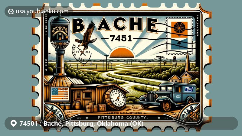 Modern illustration of Bache, Pittsburg County, Oklahoma, embodying postal theme with ZIP code 74501, featuring Choctaw history, state symbols, and rural scenery.