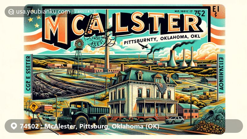 Modern illustration of McAlester, Pittsburg County, Oklahoma, capturing its coal mining history and the role of J.J. McAlester, incorporating McAlester Army Ammunition Plant and the blend of historic and modern elements, featuring the ZIP Code 74502.