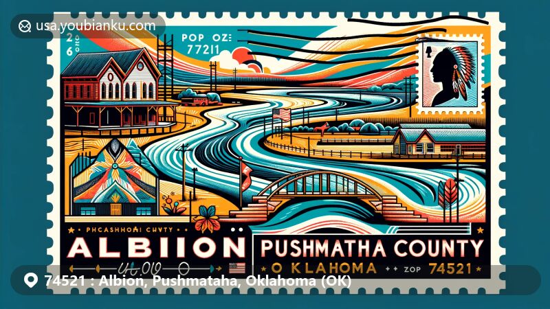 Modern illustration of Albion, Pushmataha County, Oklahoma, featuring the Kiamichi River, Mato Kosyk House, Choctaw Nation elements, and postal theme with ZIP code 74521.