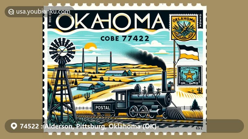 Modern illustration of Alderson, Pittsburg County, Oklahoma, with ZIP code 74522, showcasing regional and postal themes, including mining history and Choctaw, Oklahoma, and Gulf Railroad influence.