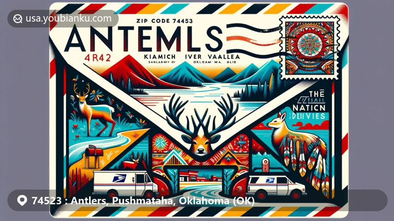 Modern illustration of Antlers, Oklahoma, in 74523 ZIP Code area, featuring airmail envelope with Kiamichi River Valley scenery, traditional Choctaw Nation patterns, red mailbox, and postal van.