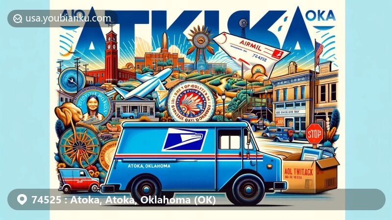 Modern illustration of Atoka, Oklahoma, showcasing postal theme with ZIP code 74525, featuring Choctaw cultural symbols, Civil War Battle of Middle Boggy Depot, Atoka Armory, and Old Atoka State Bank.