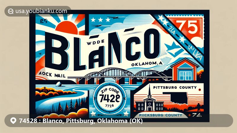 Modern illustration of Blanco, Pittsburg, Oklahoma, in ZIP code 74528, portraying creative postcard theme with Oklahoma state flag, Pittsburg County silhouette, Rock Creek Bridge, postal symbols, and vintage post office imagery.