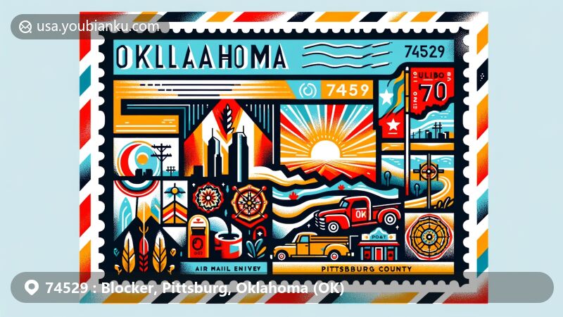Modern illustration of Blocker community in Pittsburg County, Oklahoma, with postal theme showcasing ZIP code 74529, incorporating Oklahoma state outline, Choctaw Nation historical connection, postal motifs, and vibrant colors.