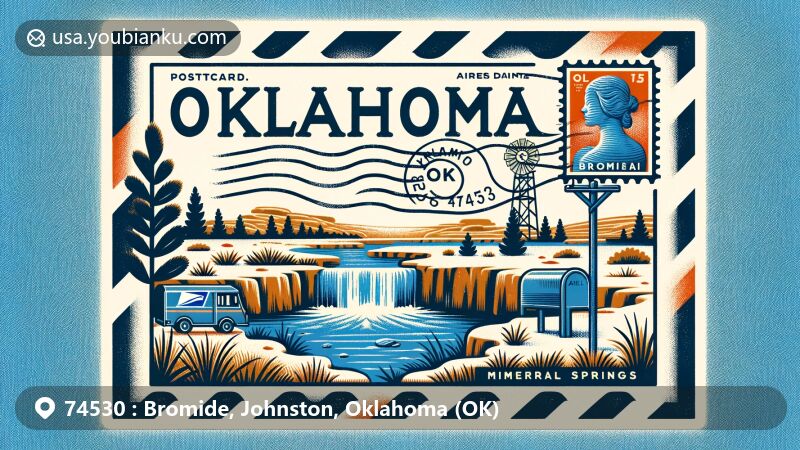 Modern illustration of Bromide, Oklahoma, showcasing the iconic mineral springs with postal theme and ZIP code 74530, incorporating elements like mailbox and mail van.