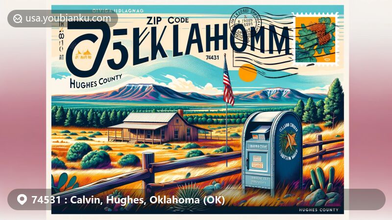 Vintage postcard-style illustration of Calvin, Oklahoma in Hughes County, showcasing local geography with the Canadian River, Calvin Mountain Ranch, and postal elements for ZIP code 74531.