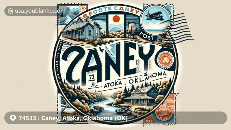 Modern illustration of Caney, Atoka County, Oklahoma, featuring vintage air mail envelope with special stamps showcasing postal code 74533 and symbols of rural life, against backdrop of lush woods, flowing streams, and landmarks like Cimarron Cellars Winery.