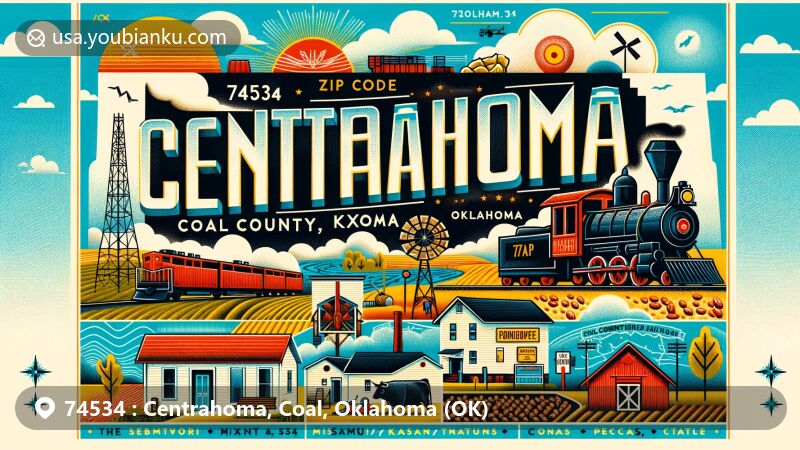 Modern illustration of Centrahoma, Coal County, Oklahoma, showcasing postal theme with ZIP code 74534, featuring agricultural history, transportation symbols, and community elements.