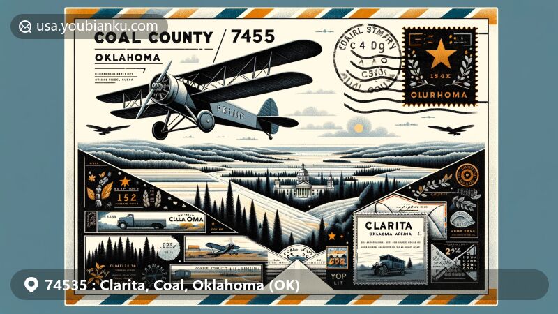 Modern illustration of Clarita, Oklahoma, featuring vintage airmail envelope with ZIP code 74535, Oklahoma-shaped stamp, symbols of coal mining and Amish community, and Coal County Courthouse in the background.