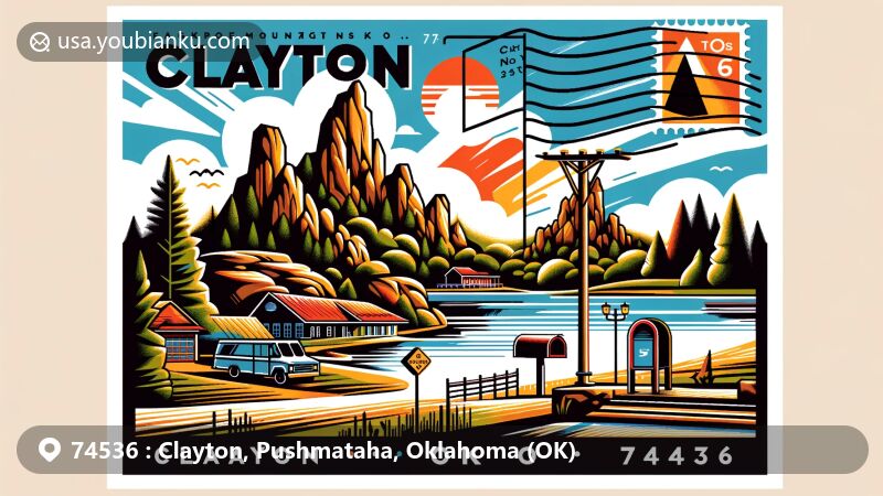 Modern illustration of Clayton, Pushmataha County, Oklahoma, embodying ZIP code 74536 with scenic landmarks like Flagpole Mountain, McKinley Rocks, and Clayton Lake State Park, featuring a postcard design with postal elements and Clayton's natural beauty.