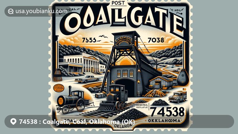 Modern illustration of Coalgate, Coal County, Oklahoma, showcasing a vintage mining theme representing the town's coal mining origins. Features include a detailed coal mine entrance with a steel gate, a vintage coal cart filled with coal, mining tools, and the Coalgate High School gymnasium reflecting the town's history. The illustration integrates a postal theme with an old-fashioned post office building and an air mail envelope layout with ZIP code 74538, traditional postal markings, an Oklahoma state flag stamp, and a Coalgate postmark.