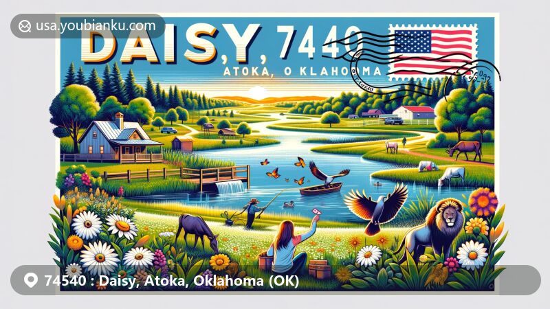 Vibrant illustration of Daisy, Atoka, Oklahoma, featuring rural beauty and community lifestyle, including parks, wildlife, fishing, hunting, and Oklahoma state flag, designed in postcard theme with ZIP code 74540.
