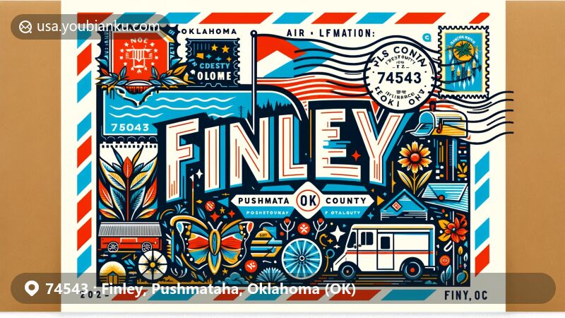 Modern illustration of Finley, Oklahoma, with ZIP code 74543, featuring state flag and Pushmataha County outline, set against natural beauty backdrop and vintage postal themes.